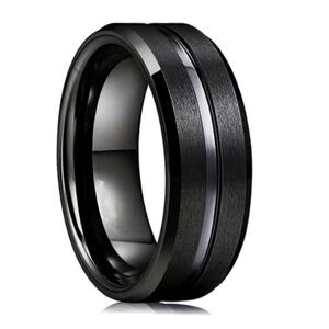 Black Stainless Steel Ring Brushed Matte Band Polished Groove - Men’s Ring
